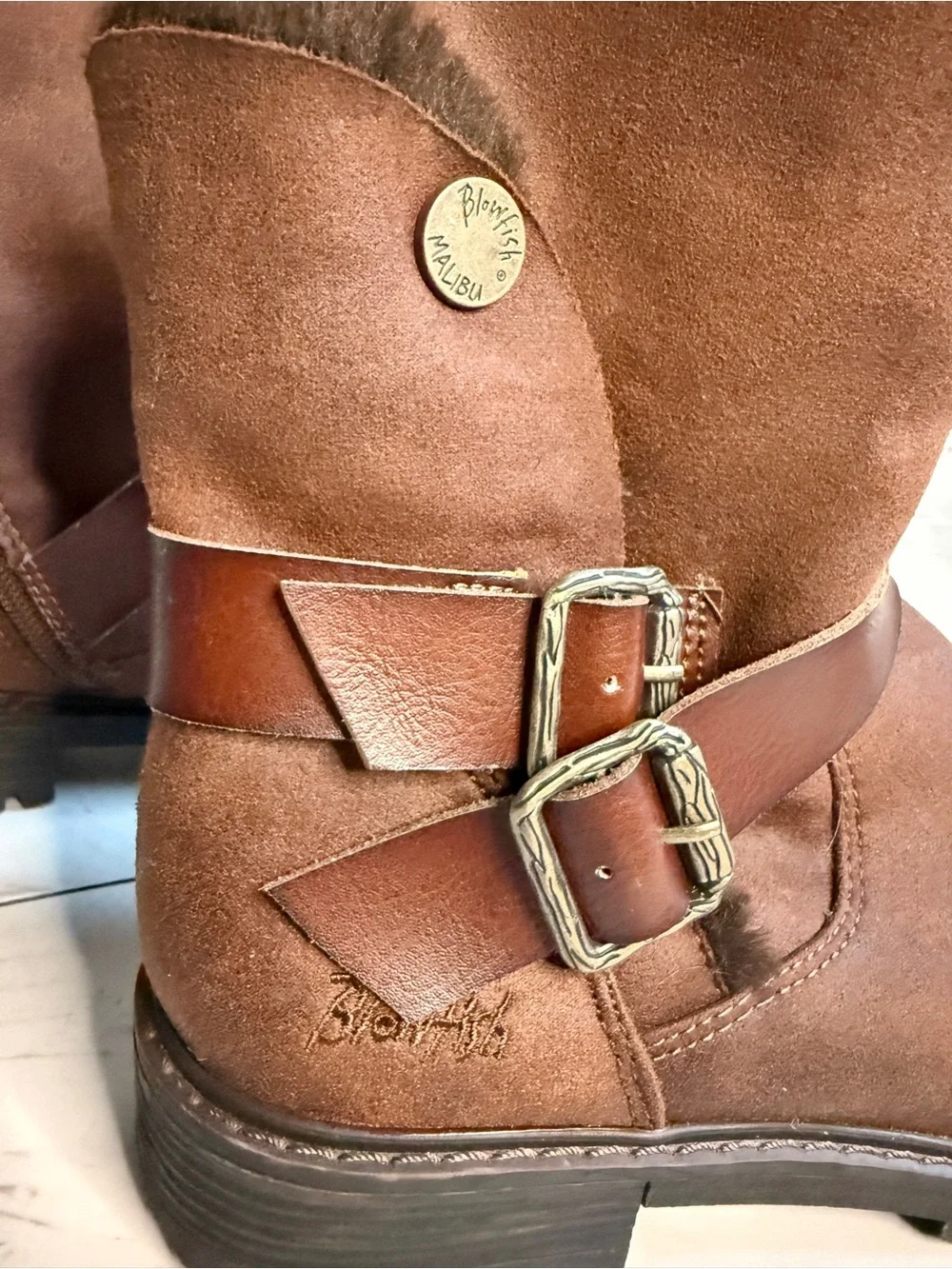 Blowfish Malibu Brown Mid Calf Faux Fur Buckle Boots Womens 7.5 Lug Sole